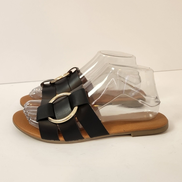 Pieces Vivi Black Leather Sandals Open Toe Slide On Shoes Size 38 7.5 8 Summer - Picture 4 of 13